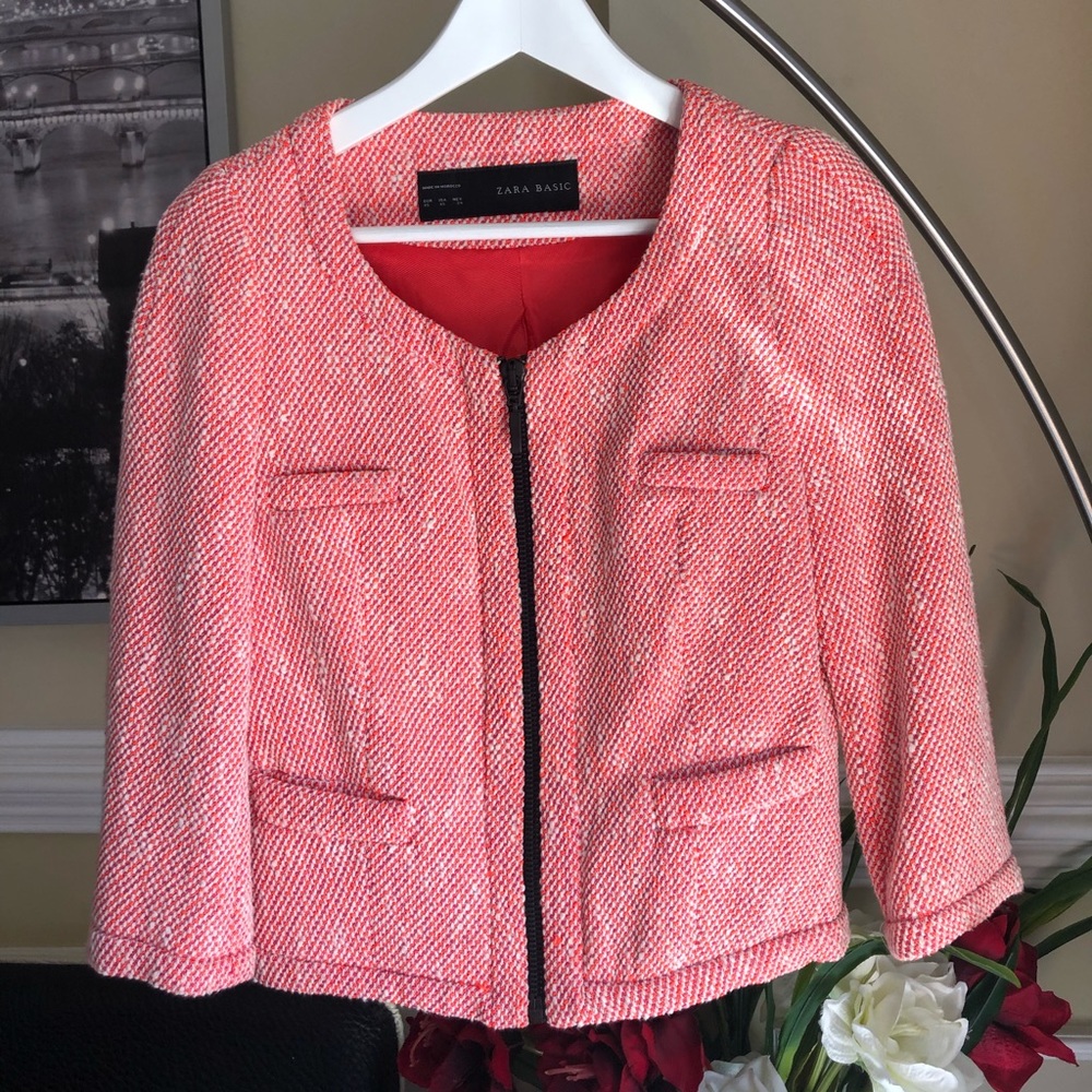 ZARA Pink Tweed Jacket with Zipper Closure, XS/S